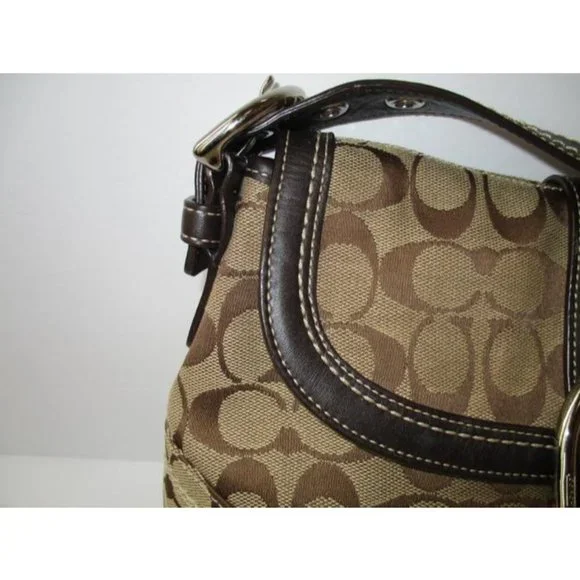 Coach Logo Leather Trim Flap Shoulder Tan Canvas Hobo Bag - Picture 8 of 9